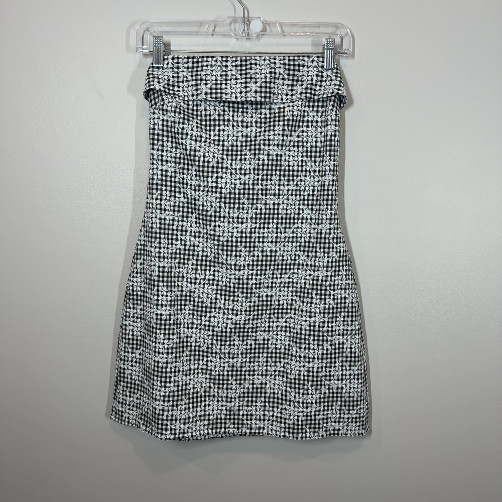 Altar'd State Gingham Floral Printed Strapless Mini Dress Black White Size S